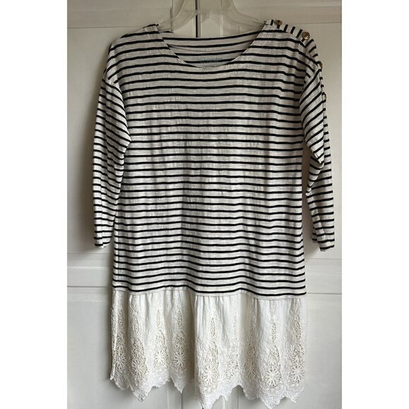 Soft Surroundings Left Bank Nautical Dress MP Eyelet Lace Stripe Scallop Hemline - Picture 1 of 9